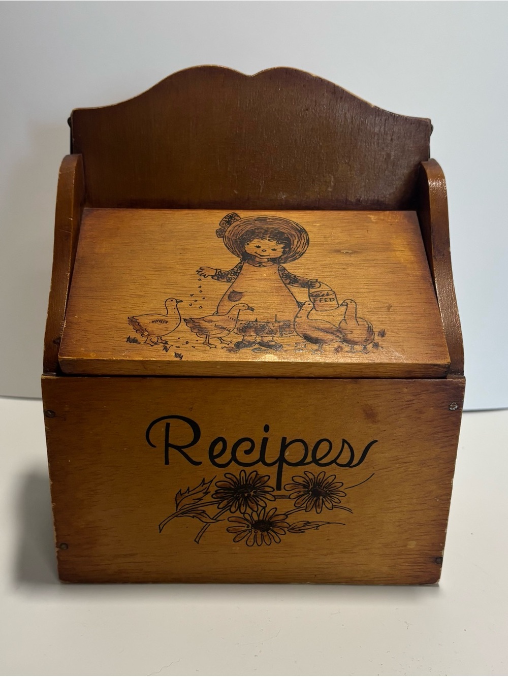 Rustic Wooden Recipe Box with Farmgirl Illustration - Brown